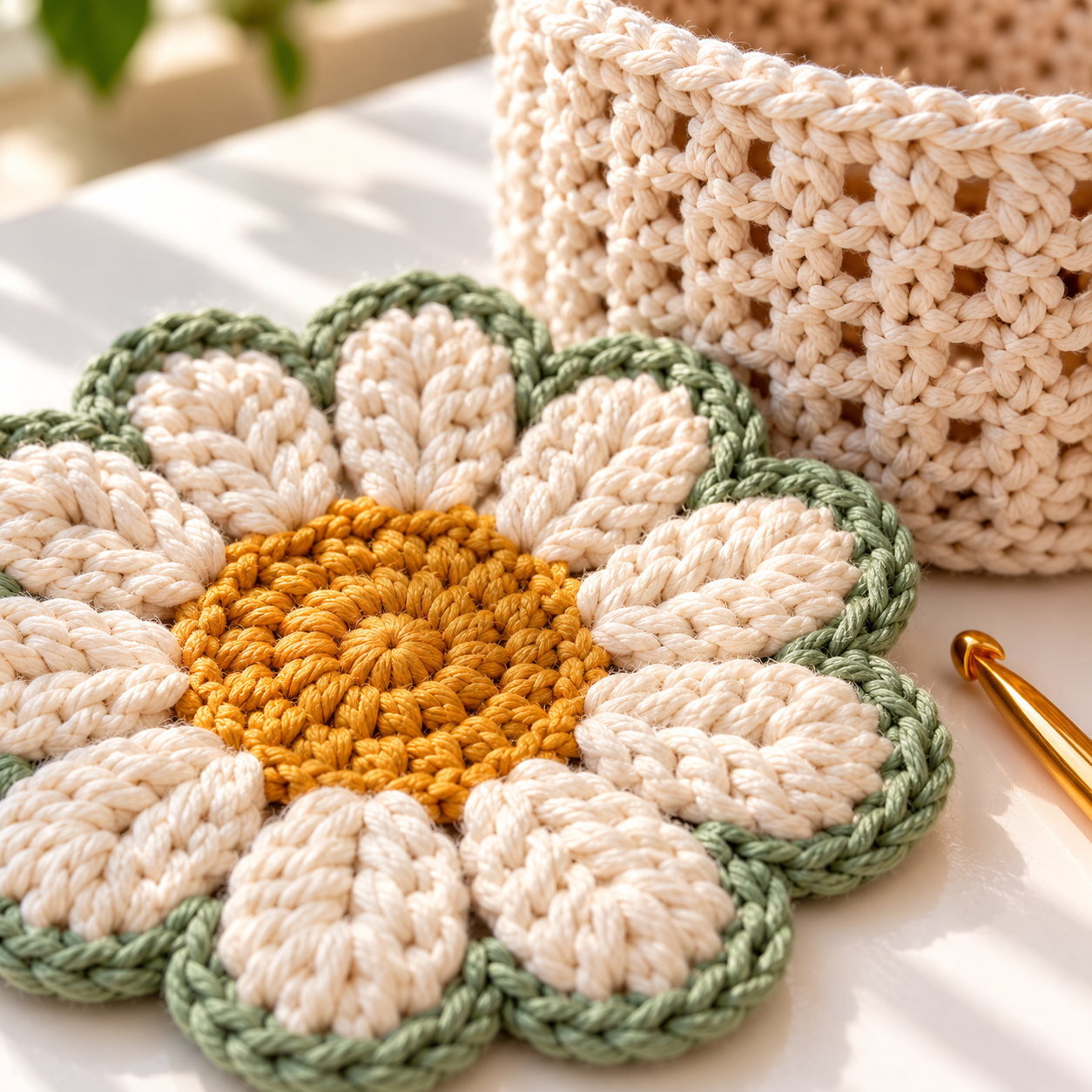 Close-up of a golden daisy center, cream crochet petals, sage edging, and textured holder wall