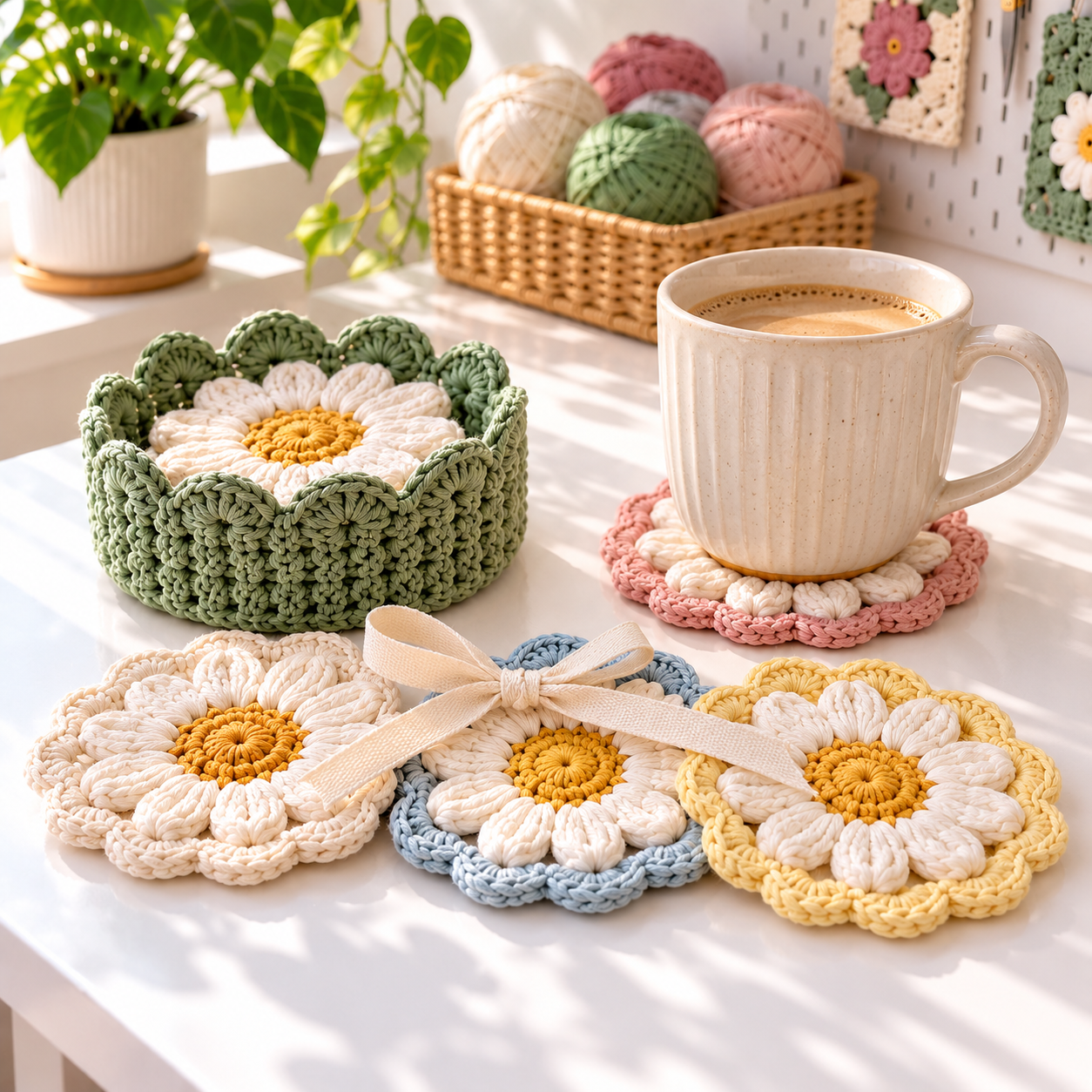 Gift-ready daisy crochet coaster holder with four colorful coasters and a cream coffee mug