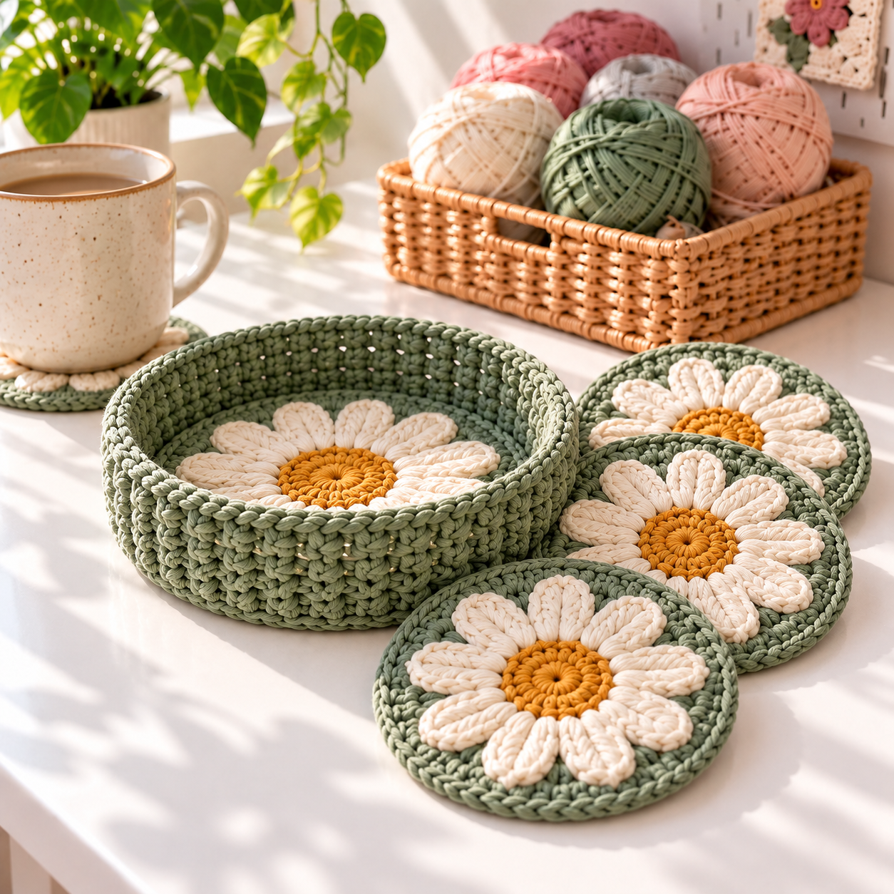 Sage green crochet daisy coaster holder with cream and golden flower base and matching coasters on a bright craft table