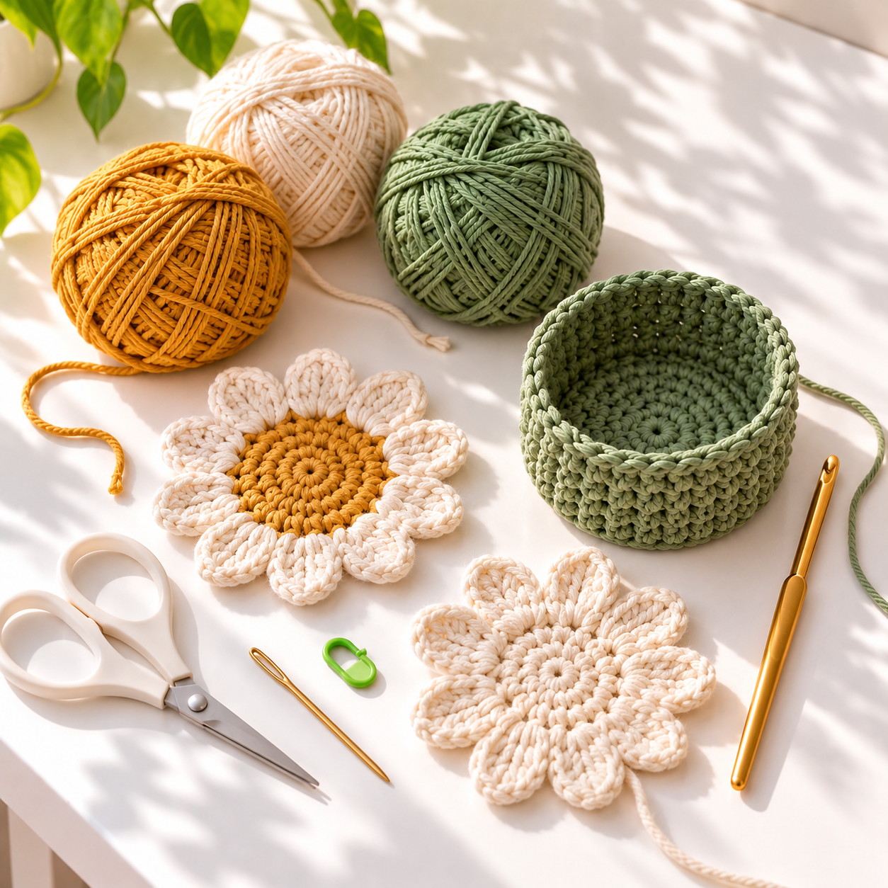 Mustard, cream, and sage yarn with crochet hook, scissors, daisy pieces, and a partly finished coaster holder