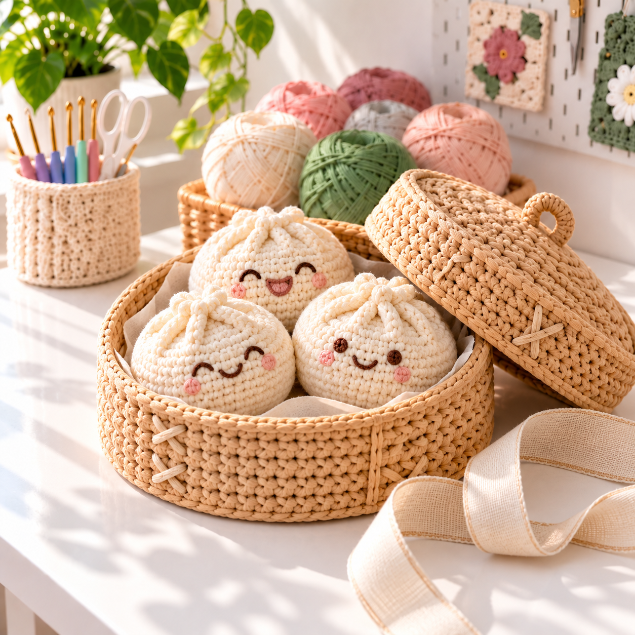 Three cute cream crochet dumplings with embroidered faces displayed in a tan crochet steamer basket