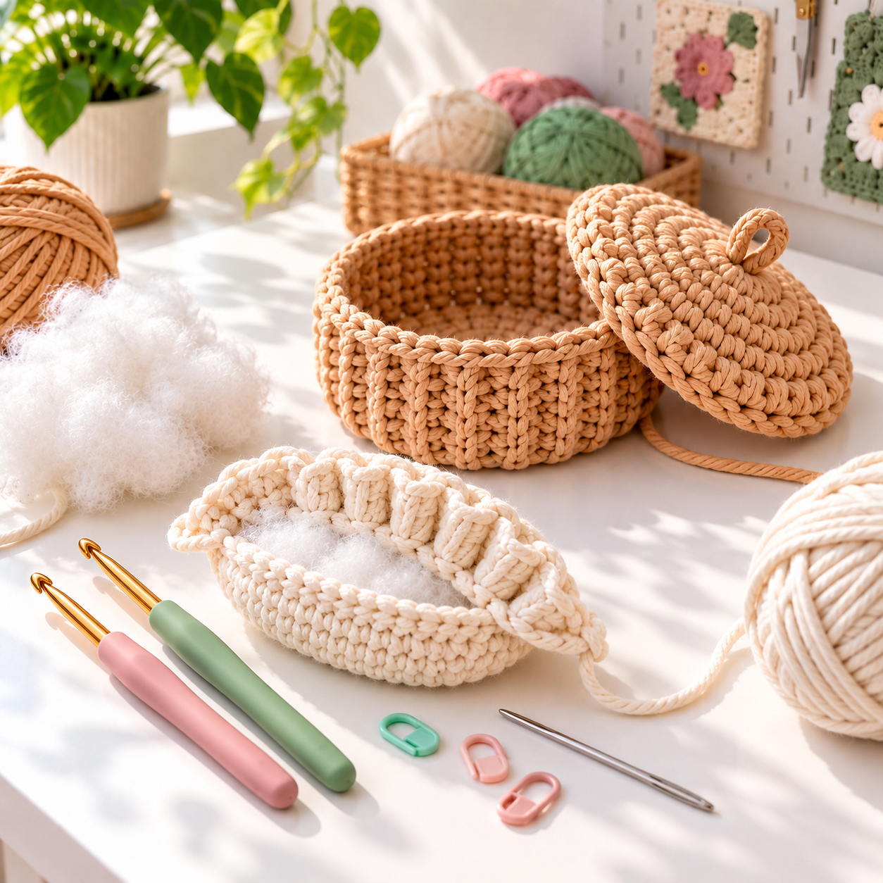 Cream and tan yarn, crochet hooks, stuffing, and unfinished dumpling basket pieces on a bright craft table
