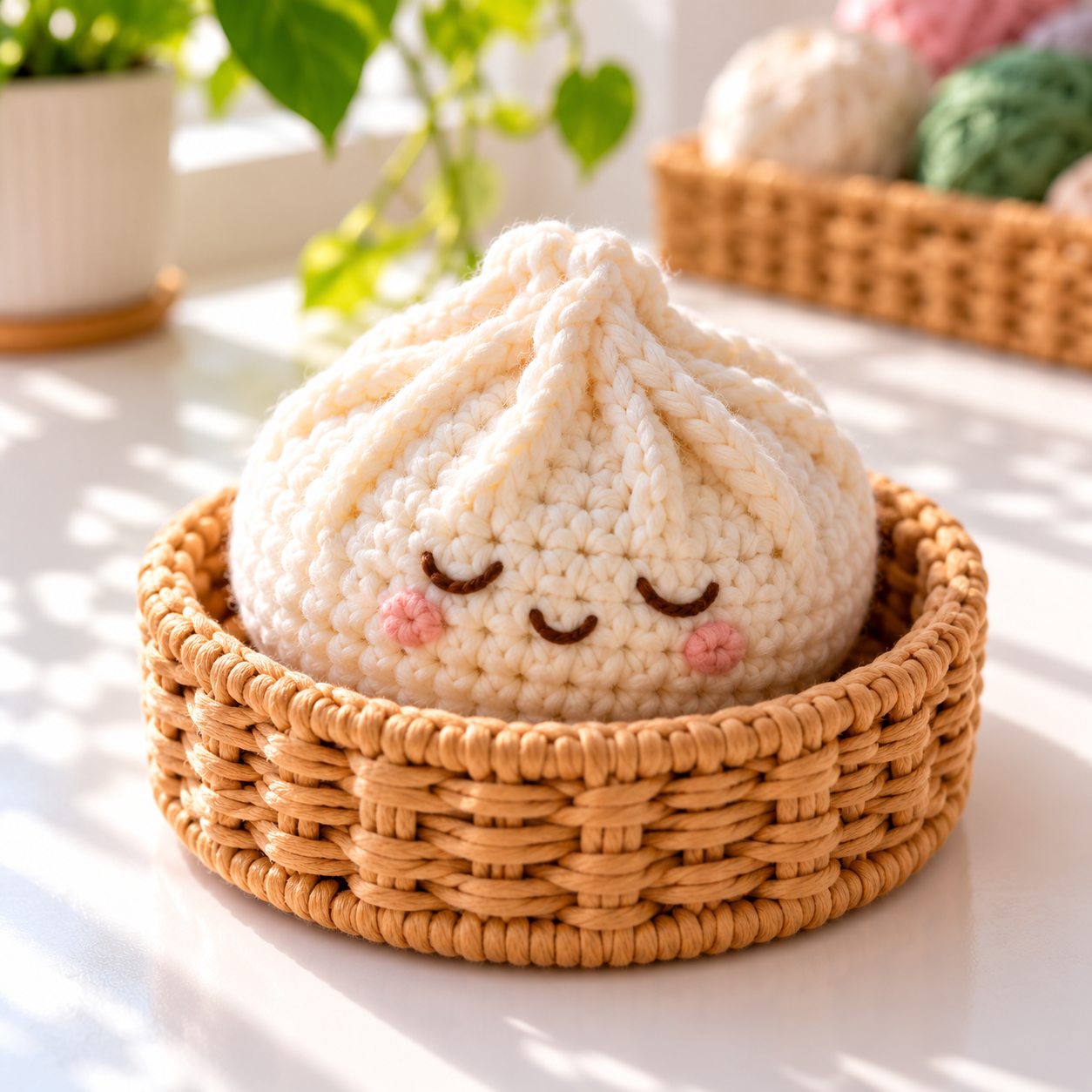 Close-up of a cream crochet dumpling with embroidered face and pleated ridge in a tan crochet basket