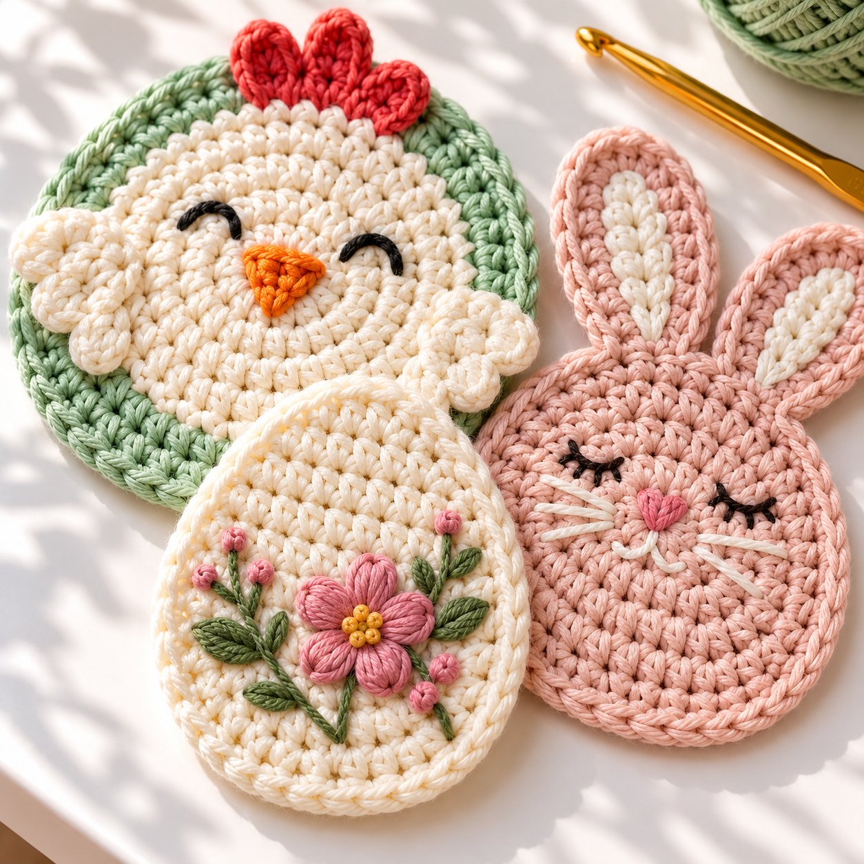 Close-up of a chicken coaster, pink bunny applique, and embroidered floral egg crochet ornament