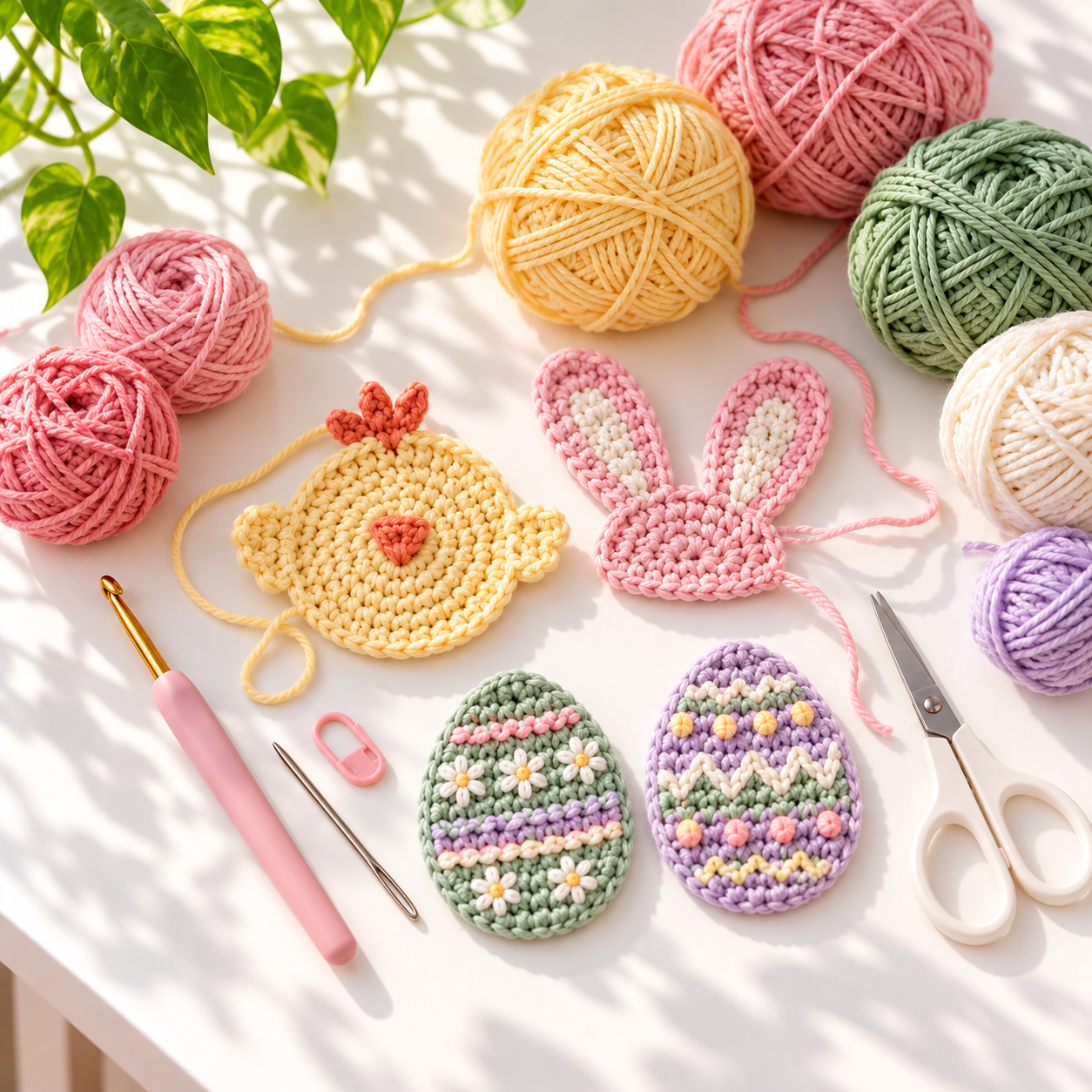 Pastel yarn, crochet hook, needle, scissors, chicken piece, bunny ears, and flat decorated crochet eggs