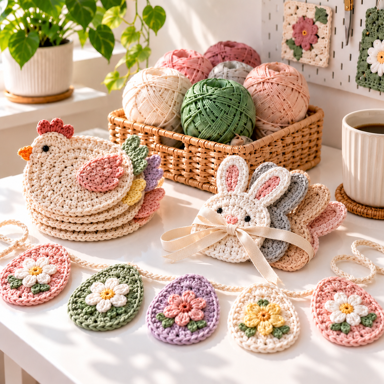 Gift-ready stack of chicken coasters, ribbon-tied bunny appliques, and floral crochet egg garland