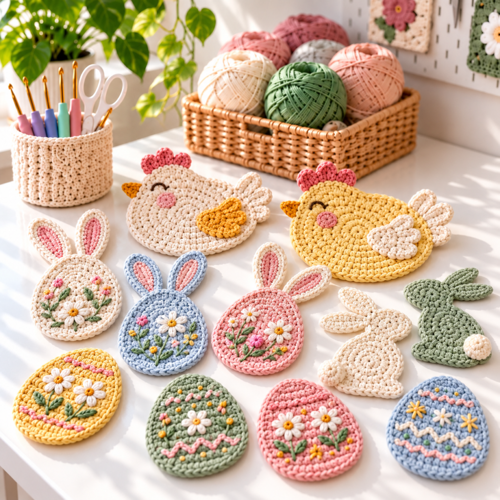 Collection of flat Easter crochet projects including chicken coasters, bunny appliques, and decorated egg ornaments on a bright craft table