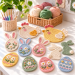 Collection of flat Easter crochet projects including chicken coasters, bunny appliques, and decorated egg ornaments on a bright craft table