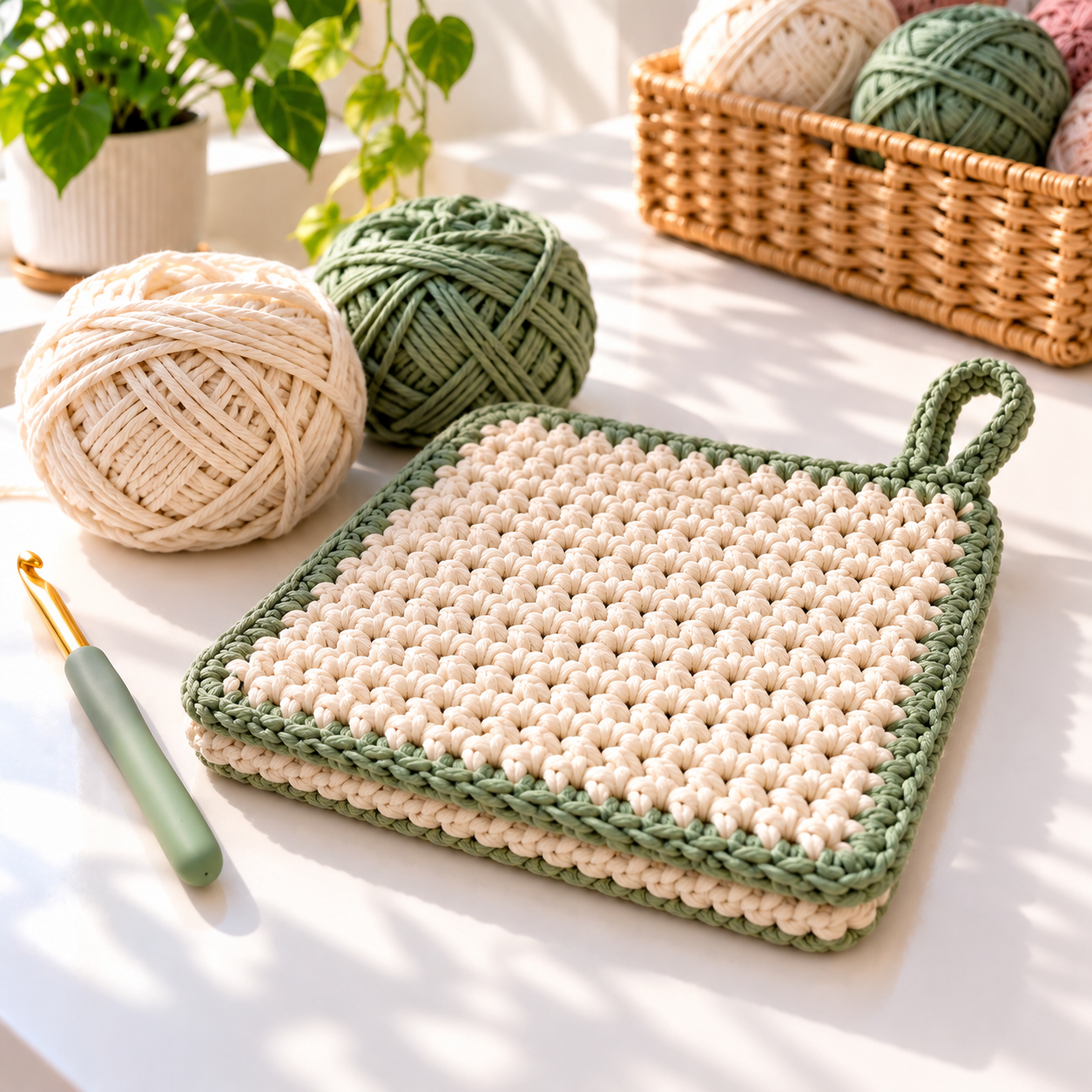 Thick cream crochet potholder with sage border and hanging loop