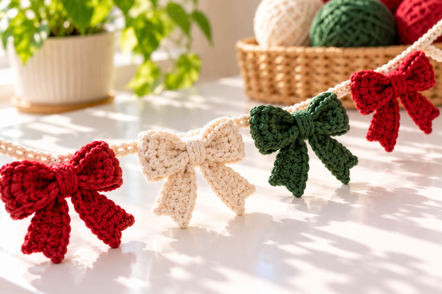 Close-up of red cream and green crochet Christmas bows attached to a garland