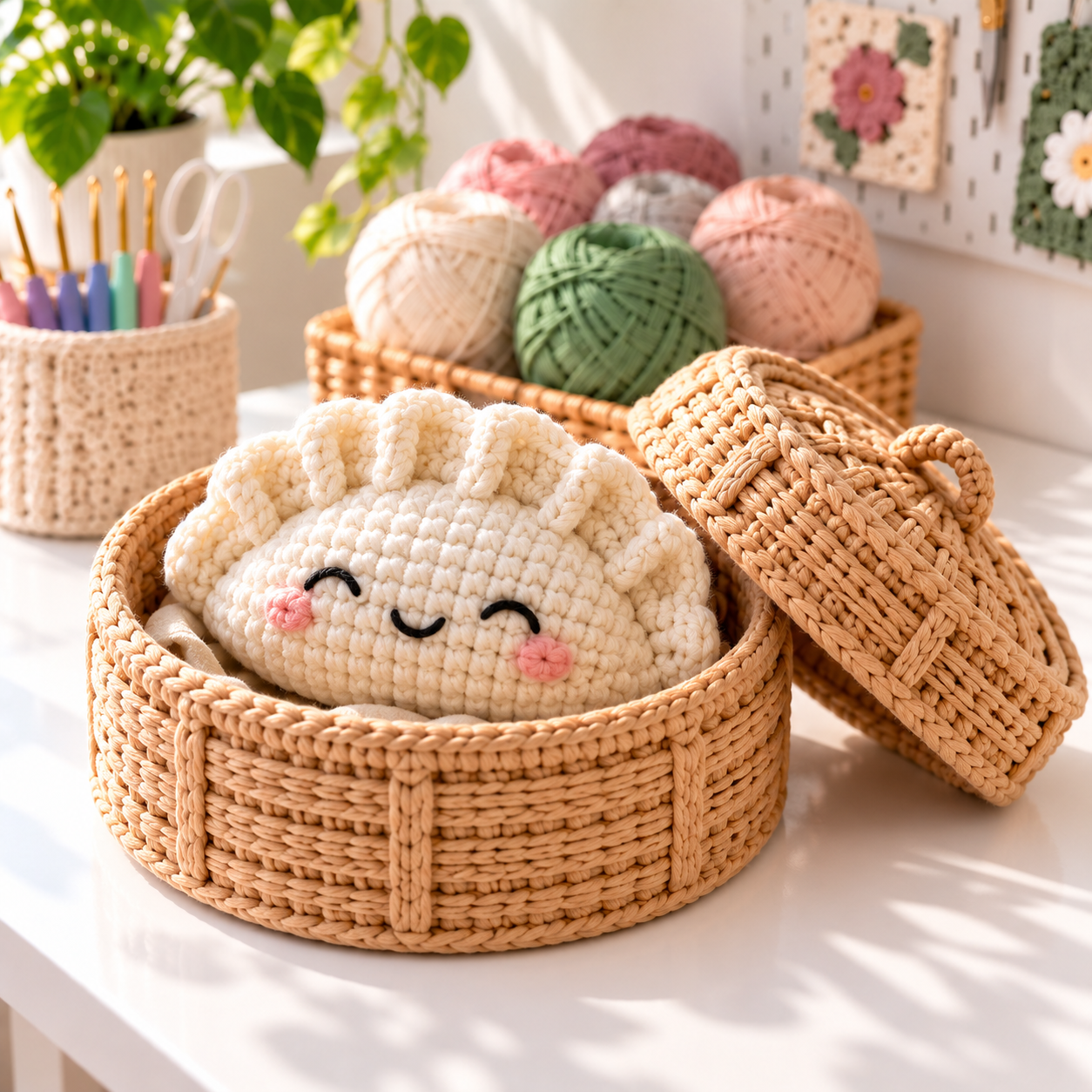 Cute cream crochet dumpling with embroidered face in a tan steamer basket