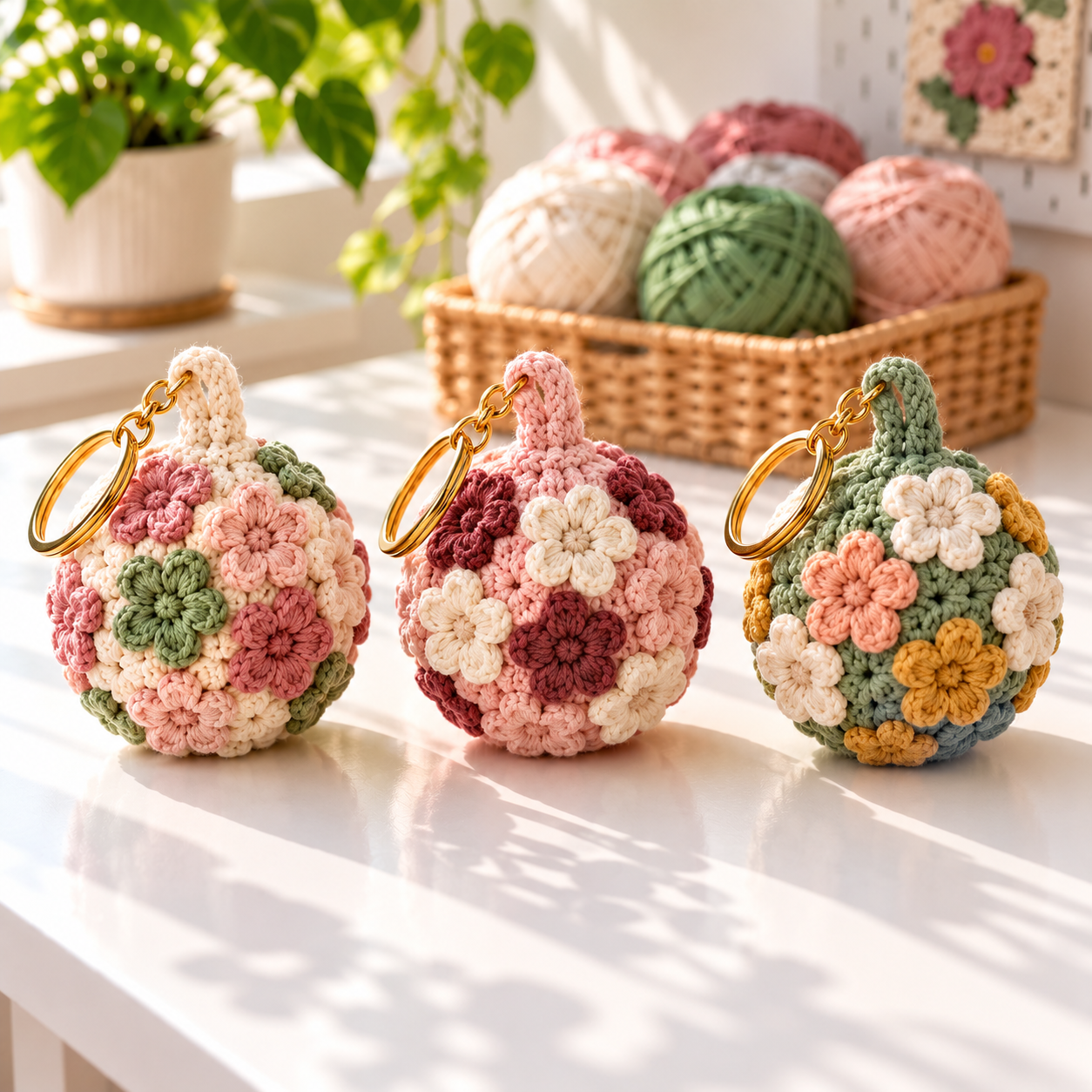 Three handmade Flower Ball Keychain color variations displayed on a bright craft table