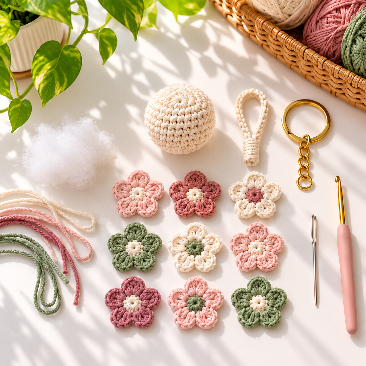 Crochet sphere, mini flowers, keyring, and tools for a Flower Ball Keychain