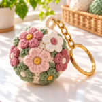 Finished cream Flower Ball Keychain covered with colorful crochet flowers on a bright craft table
