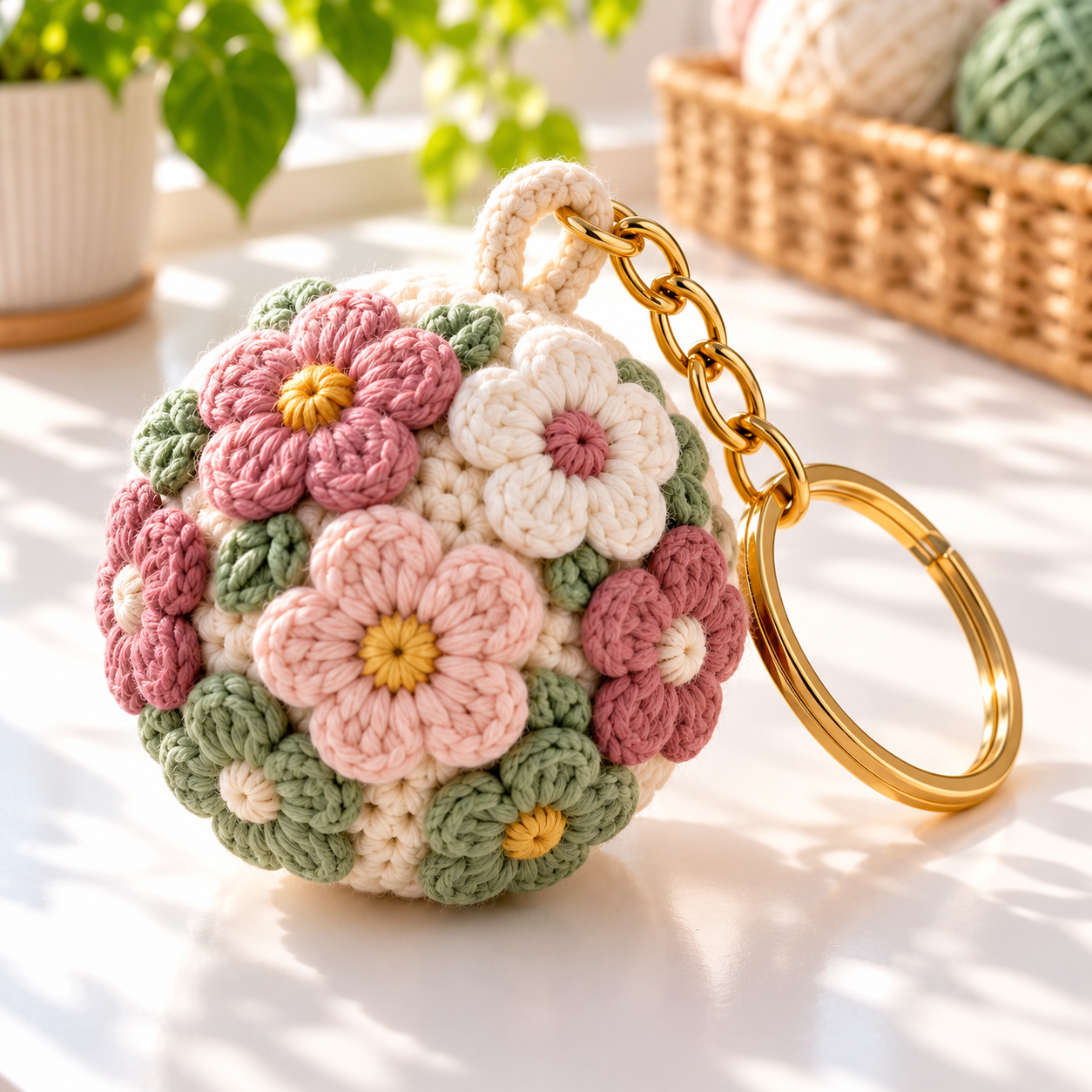 Finished cream Flower Ball Keychain covered with colorful crochet flowers on a bright craft table