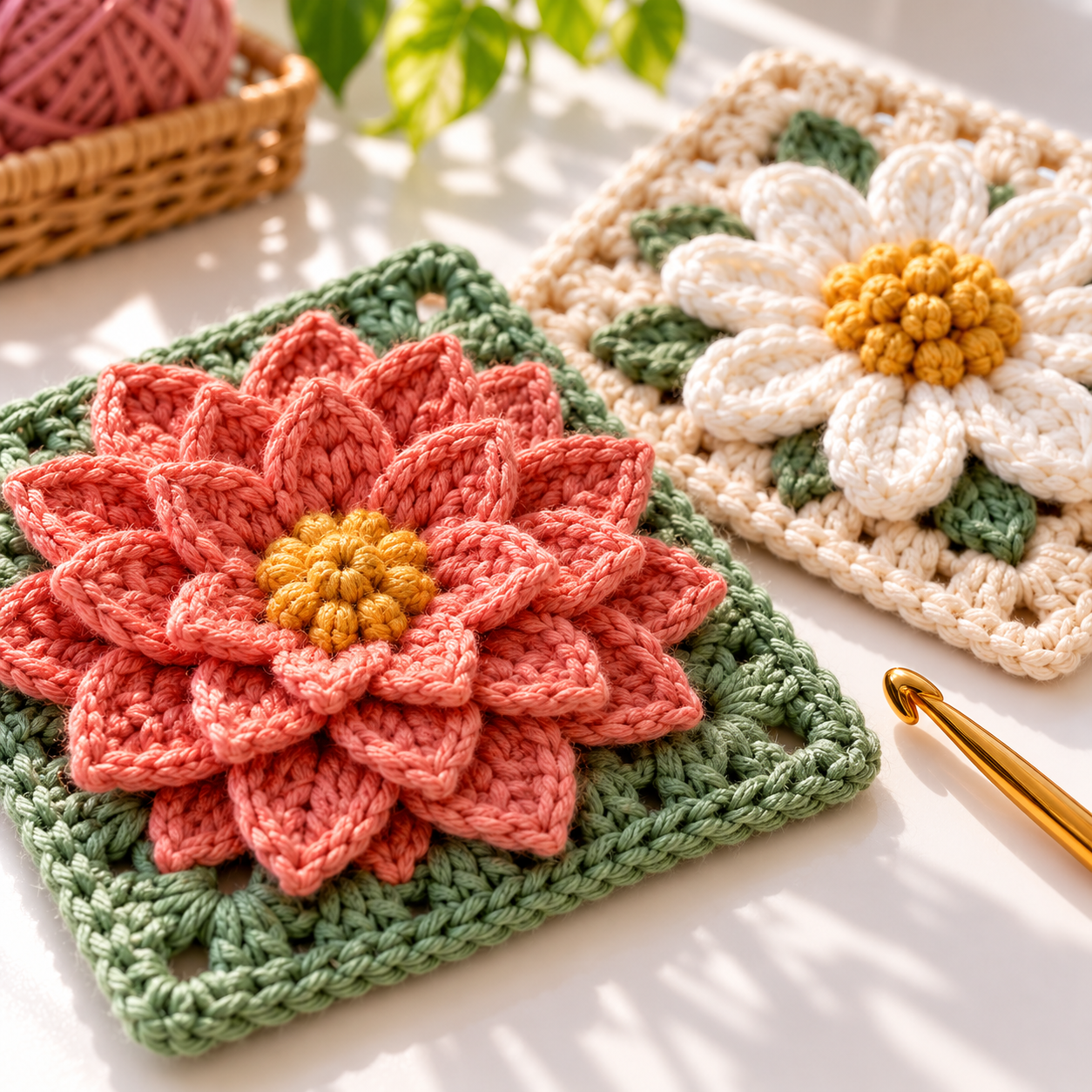 Close-up of a layered coral dahlia crochet square and a cream daisy square with textured golden centers