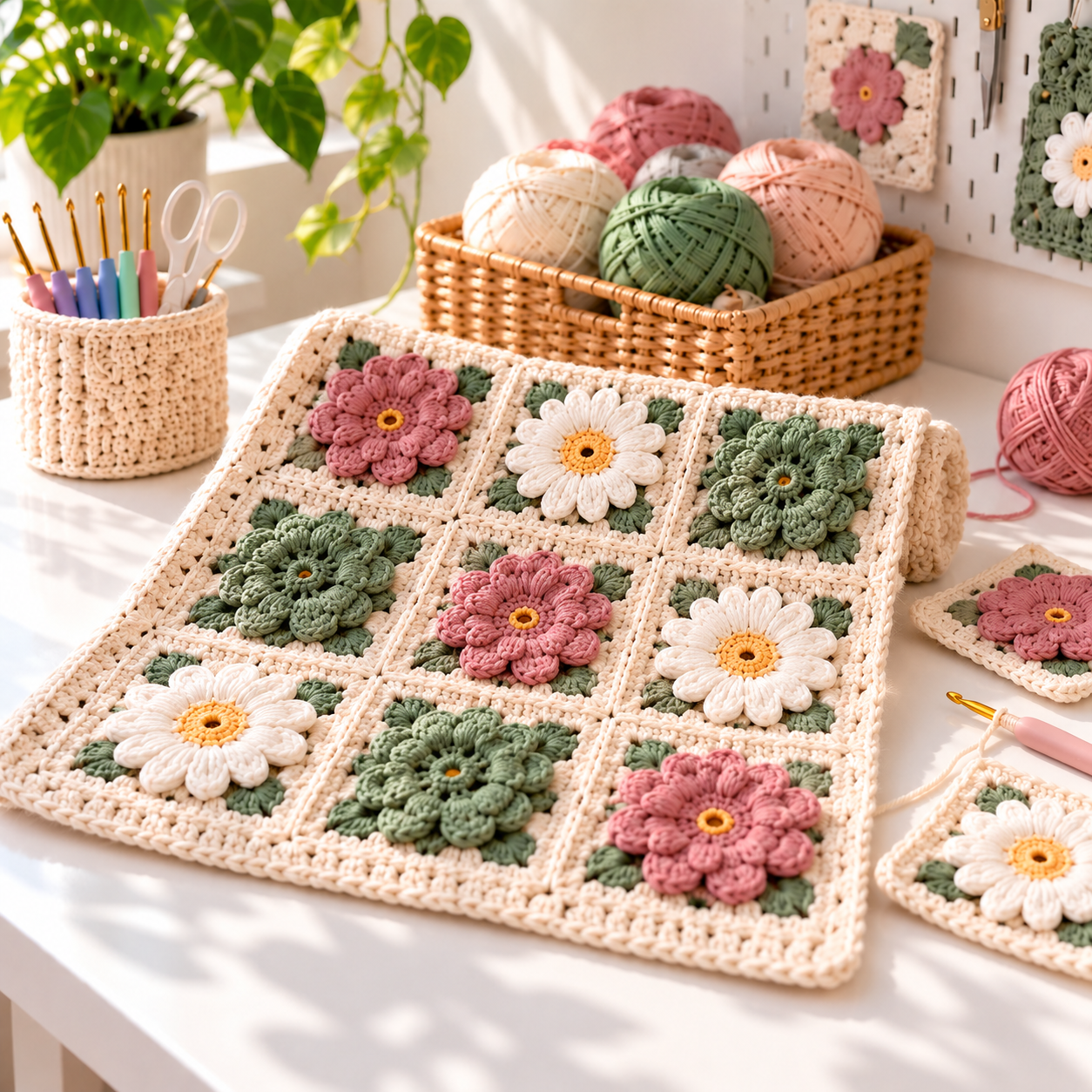 Twelve joined crochet flower squares forming a small throw with cream seams and a simple border