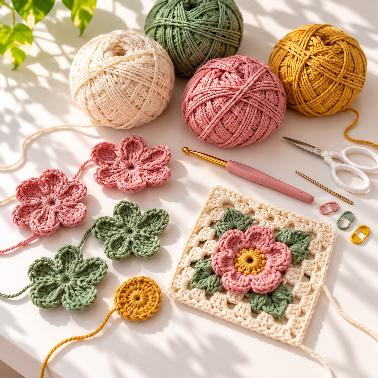 Cream, sage, pink, and mustard yarn with hook, scissors, flower centers, loose petals, and a partly completed square
