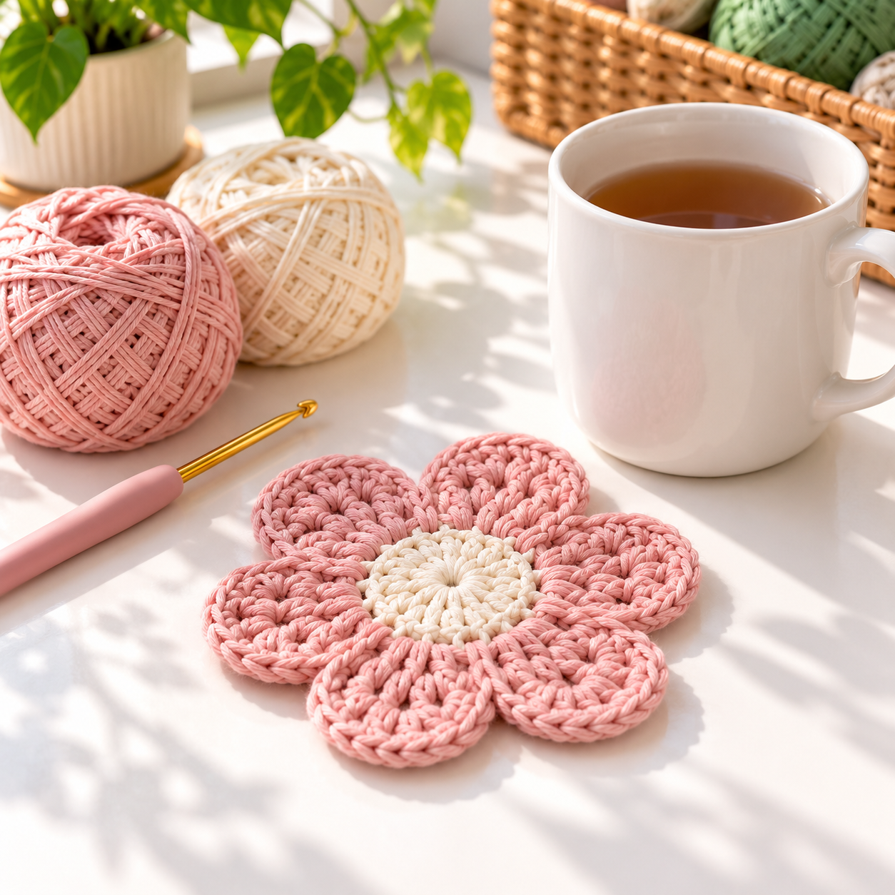 Blush pink flower crochet mug rug with cream center beside a white mug