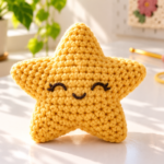 Close-up of a golden happy star amigurumi on a sunlit white crochet table