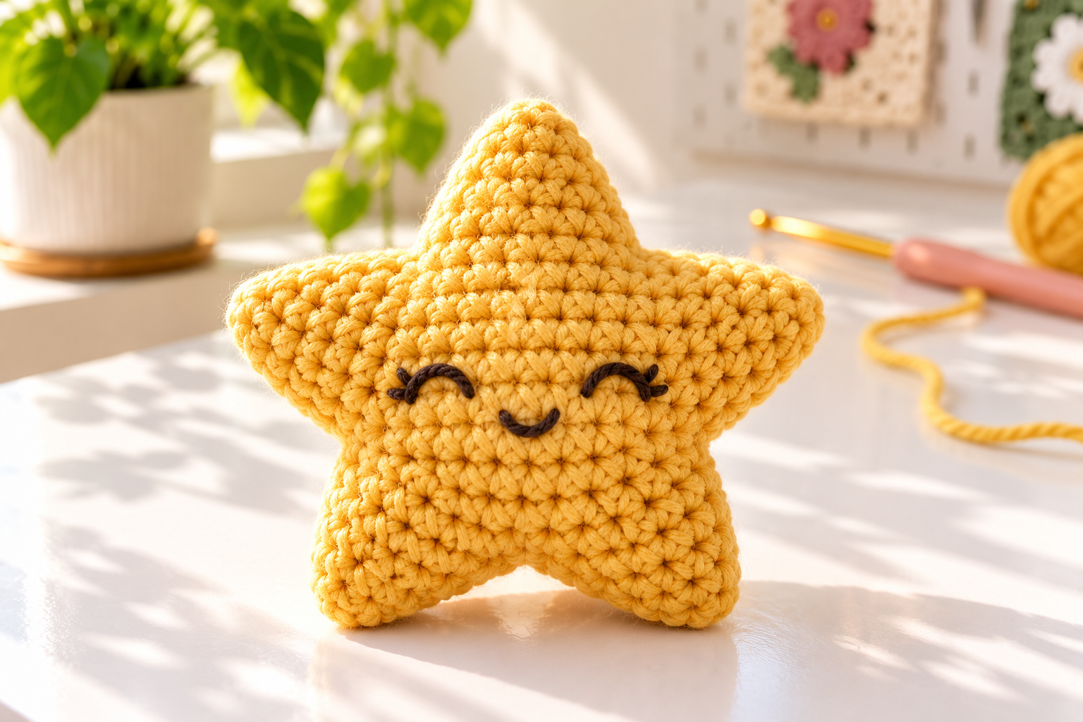 Close-up of a golden happy star amigurumi on a sunlit white crochet table