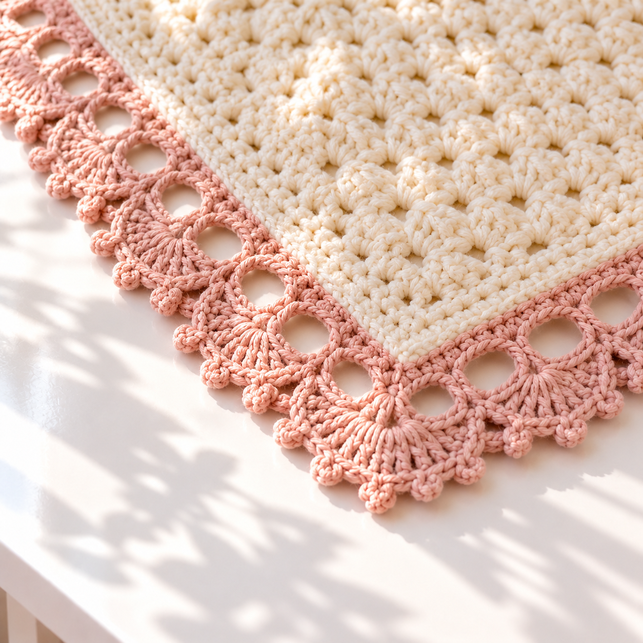 Close-up of an ivory crochet baby blanket corner with blush open arches, fans, and tiny picot edging