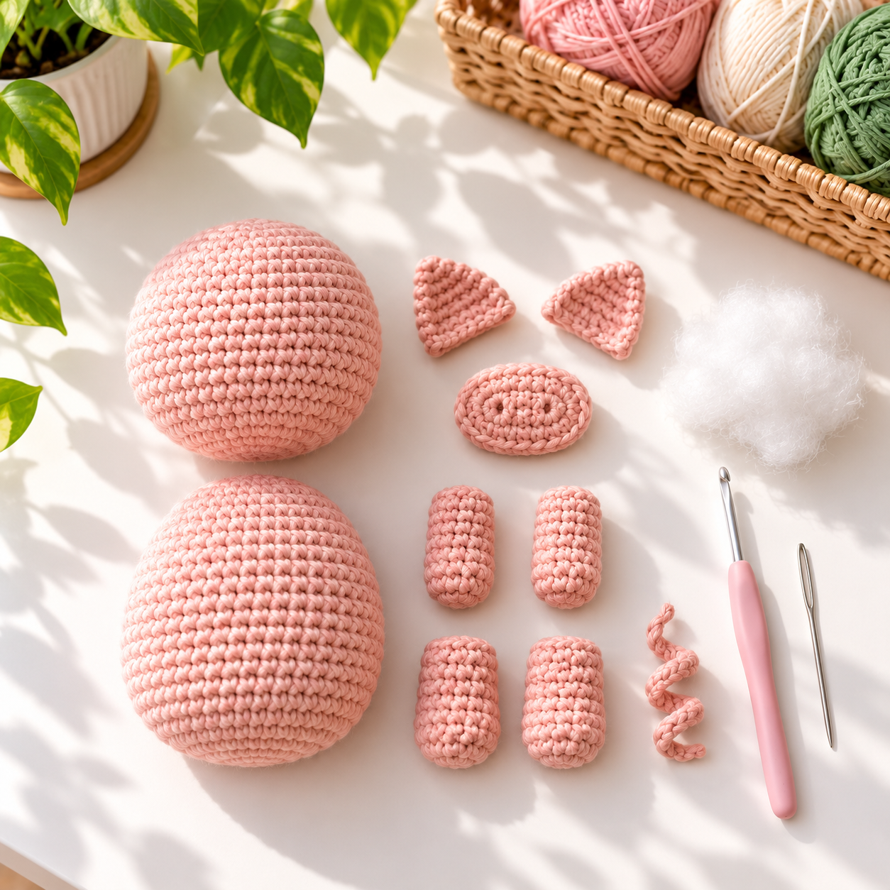 Crochet pieces for a beginner little pig amigurumi arranged on a white craft table