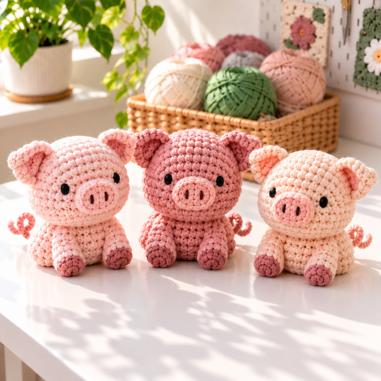 Three finished little pigs made from beginner crochet animal patterns