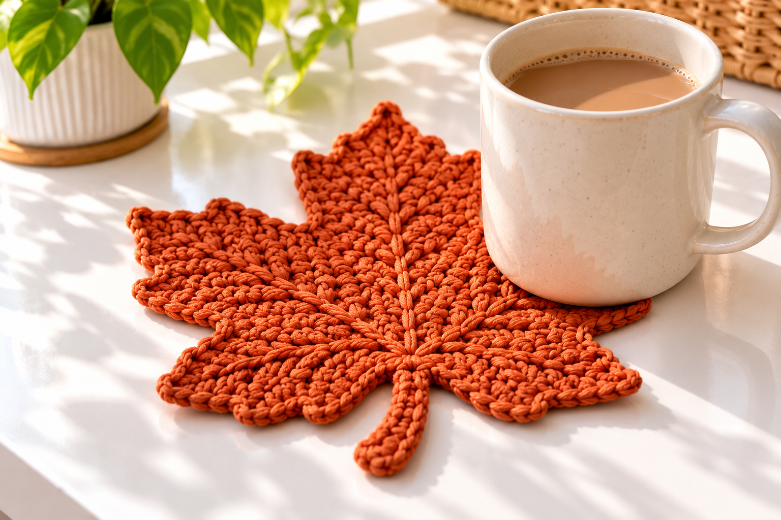 Burnt orange maple leaf crochet coaster with a cream mug on a sunlit white craft table