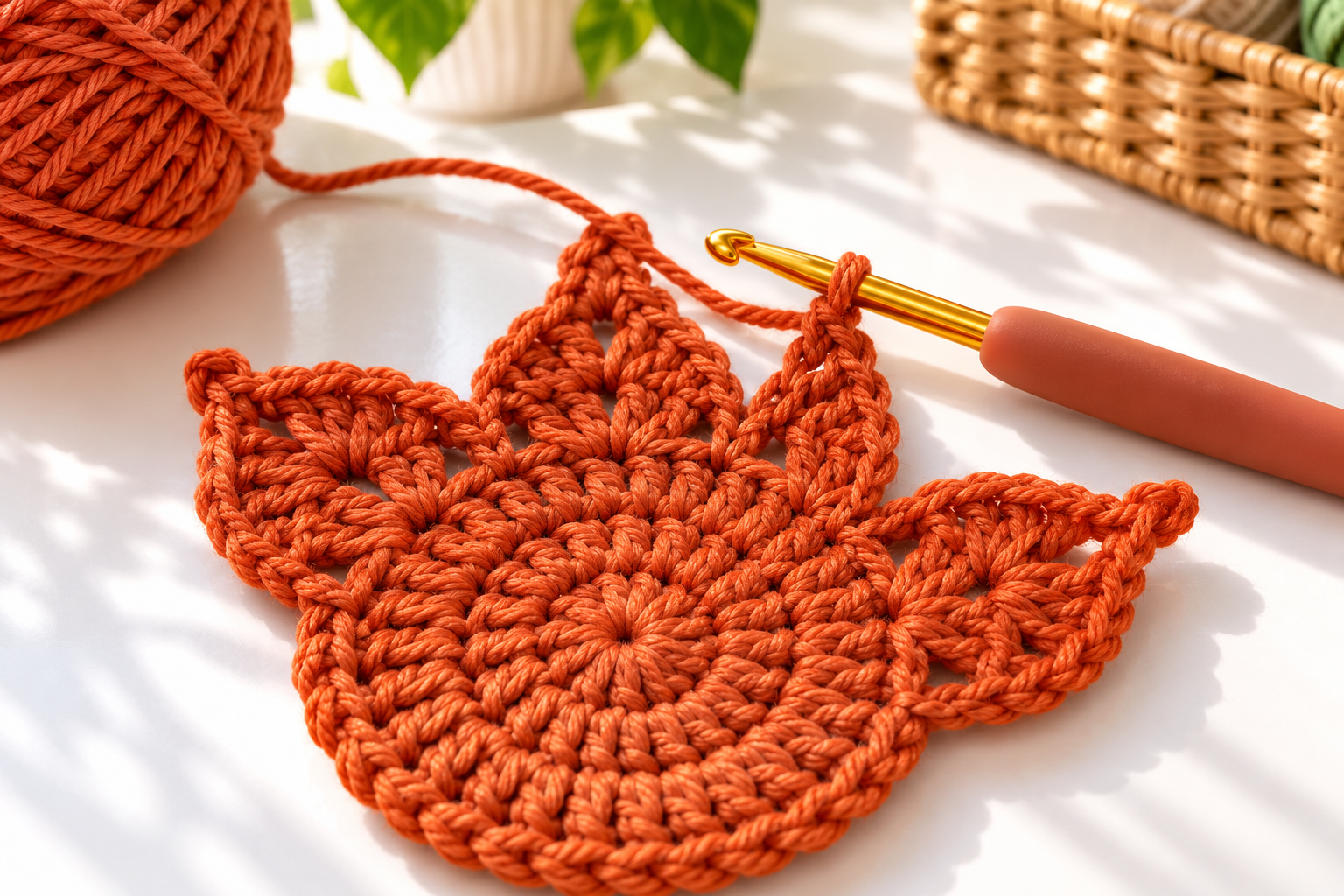 Burnt orange maple leaf crochet coaster in progress with a crochet hook
