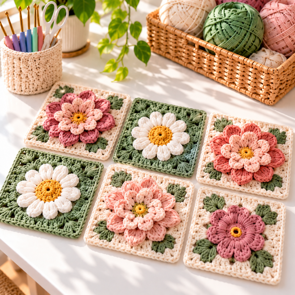 Six crochet flower granny-square blocks with raised dahlias and daisies in pink, cream, sage, and gold on a bright craft table