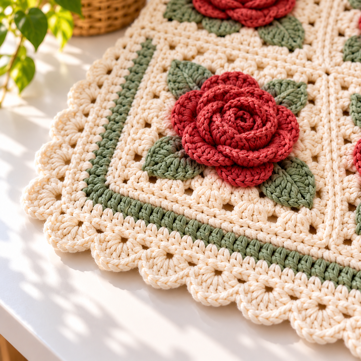 Close-up of a rose crochet blanket corner with sage and cream scalloped border