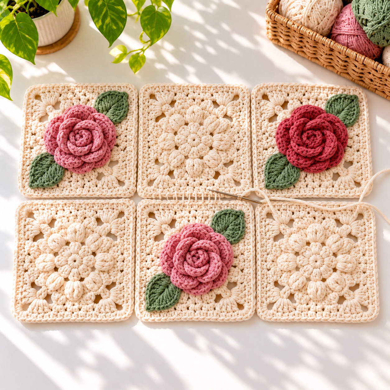 Six cream crochet blanket squares arranged for joining with alternating rose motifs