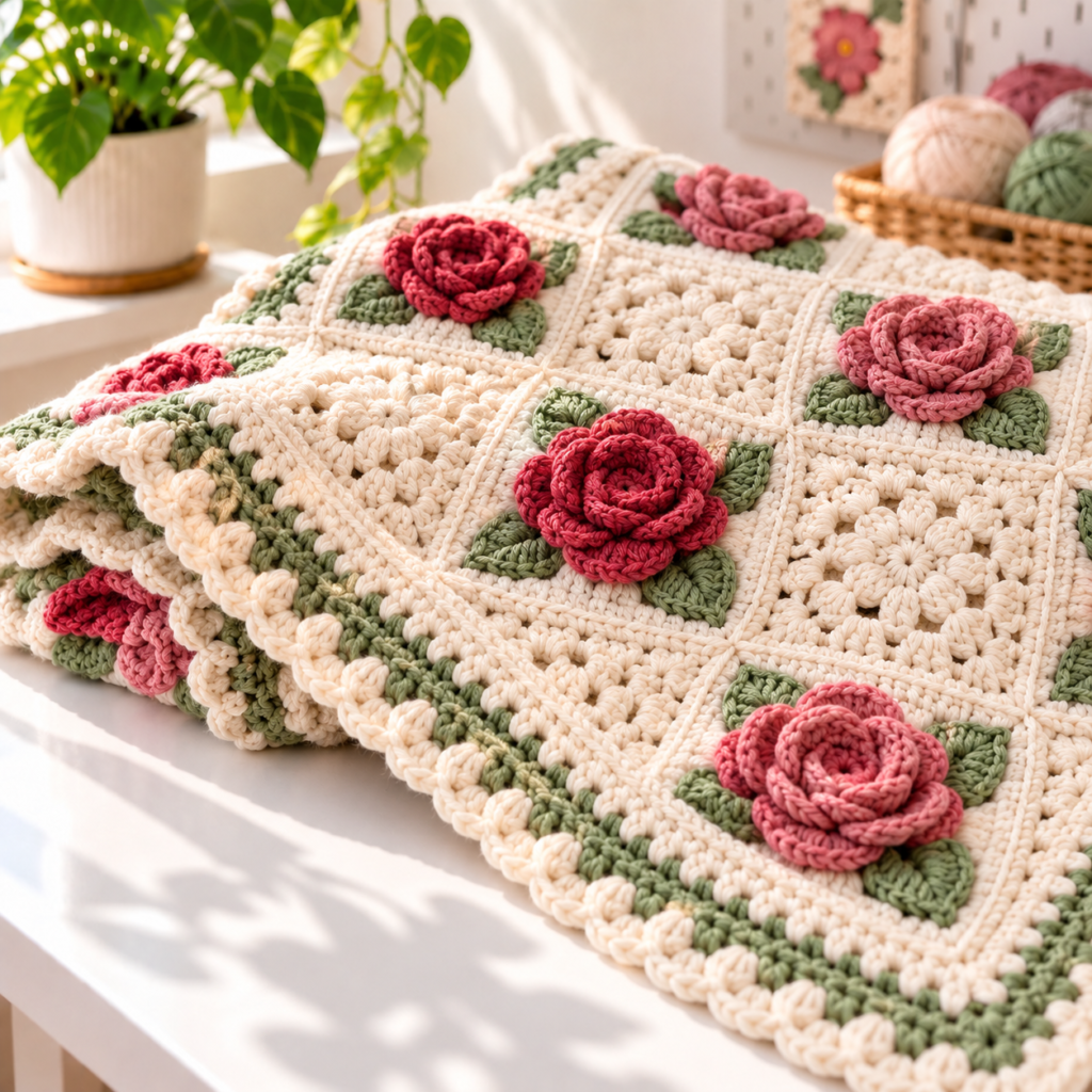Cream crochet blanket with raised red roses, sage leaves, and scalloped border