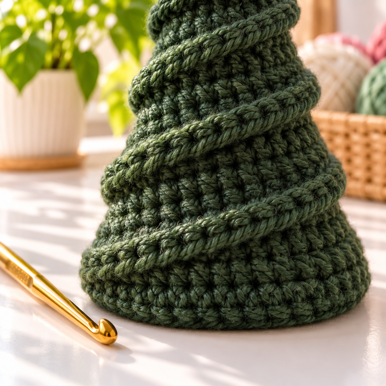 Close-up of the raised spiral ridge on a dark green crochet Christmas tree