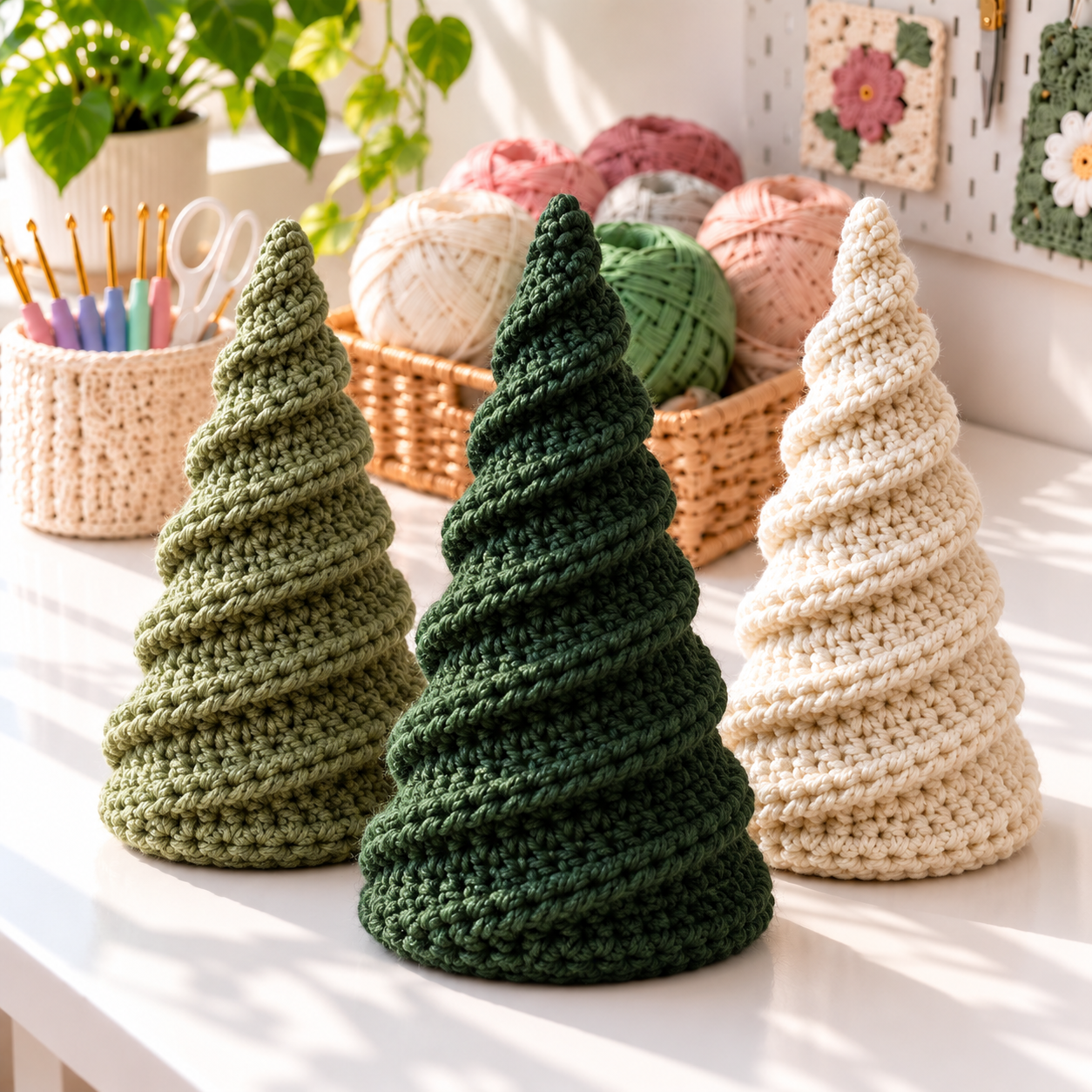 Three rustic alpine spiral crochet Christmas trees in sage, forest green, and cream on a bright craft table