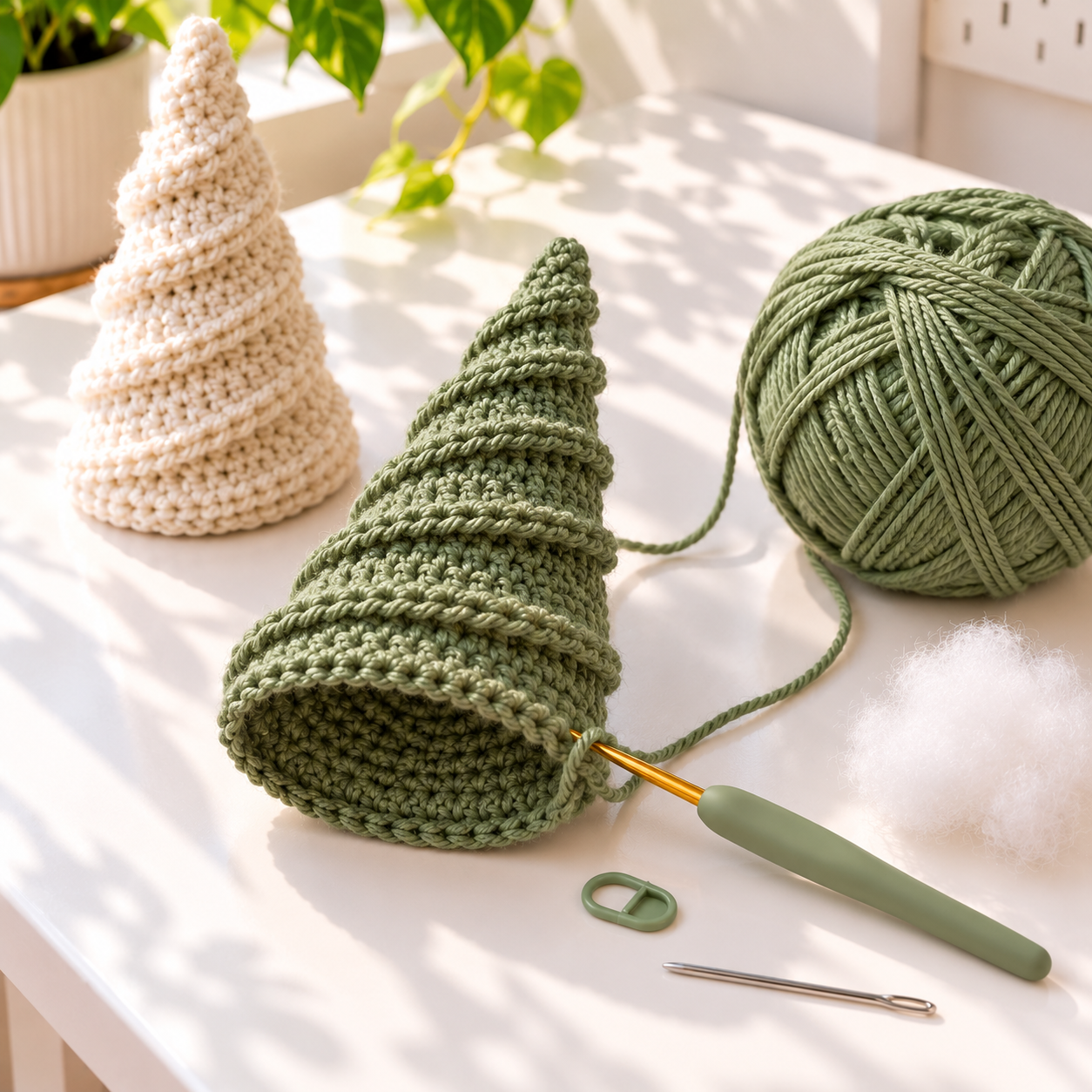 Sage crochet Christmas tree in progress with yarn, hook, stitch marker, needle, and fiberfill