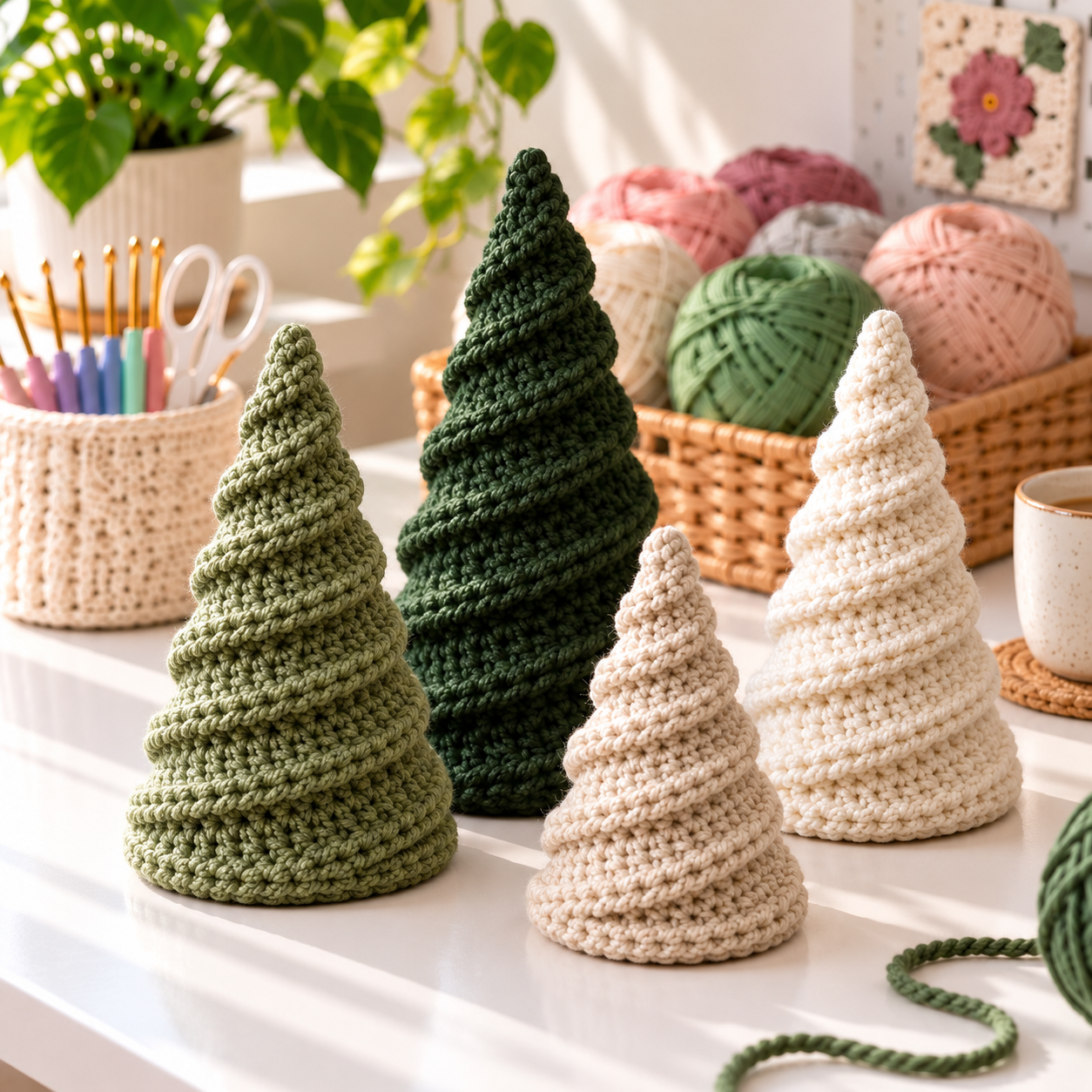 Four finished spiral crochet Christmas trees in green and cream arranged on a sunlit white craft table