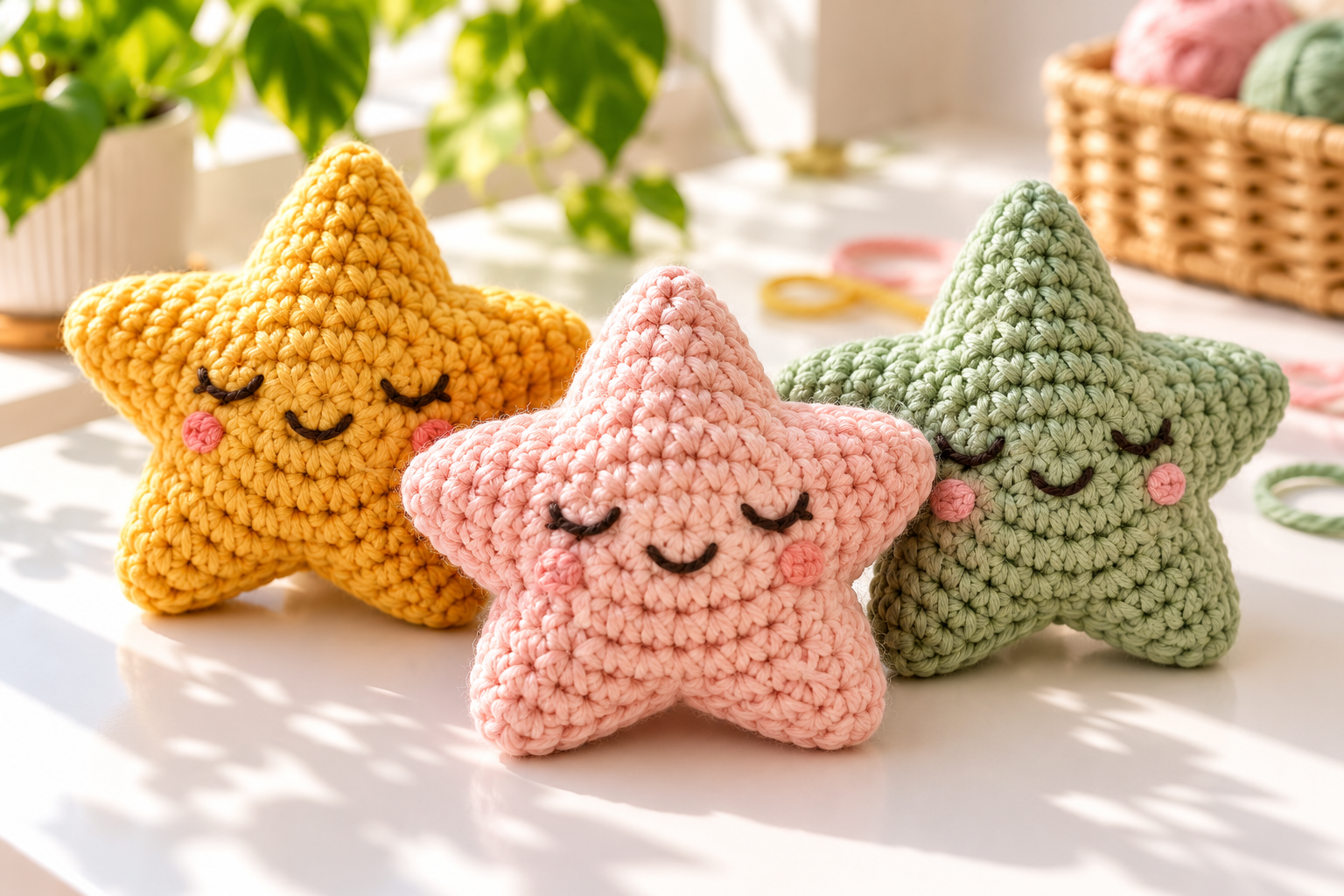 Three colorful scrap yarn star amigurumi on a bright white crochet table