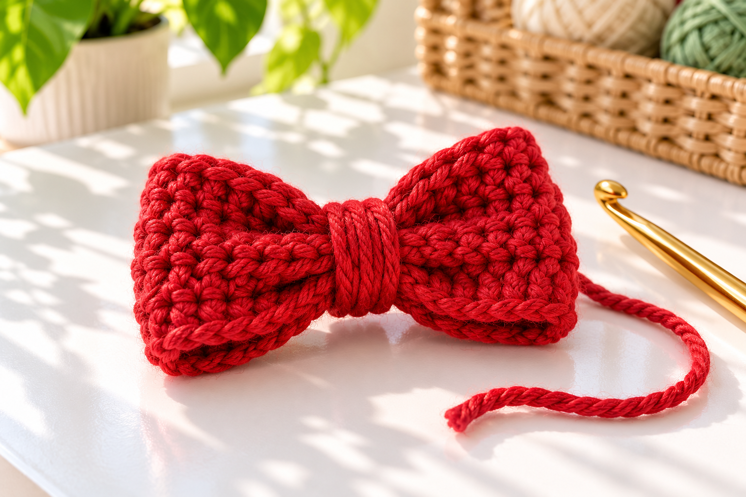 Close-up of a red Christmas bow crochet piece on a white craft table