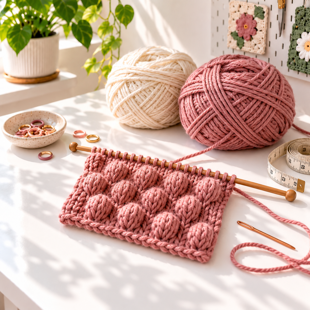 Dusty pink yarn, wooden knitting needles, stitch markers, tape measure, and a bubble stitch swatch on a bright craft table