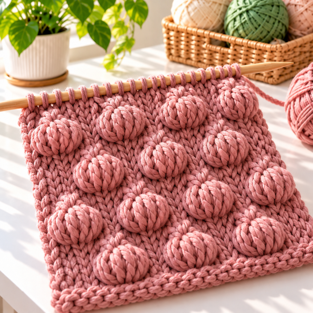 Dusty pink voluminous bubble knitting stitch swatch on wooden needles